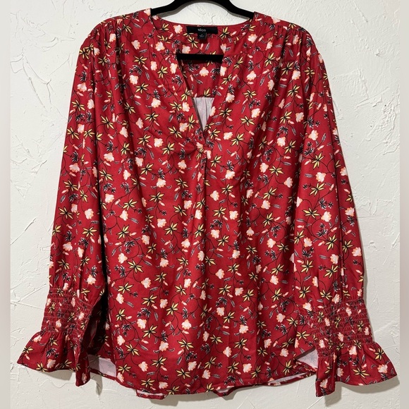 Ellos Women's Cottagecore Floral Notch-Neck Smocked Sleeve Cuff Red Blouse Sz 24 - Picture 2 of 10